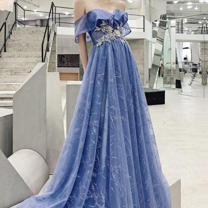 Chic Blue Lace Off Shoulder Long Formal Dress,..