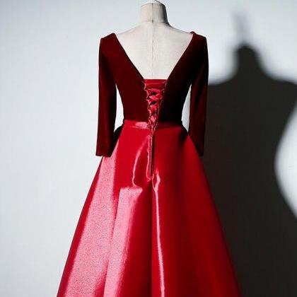 Red Velvet And Satin V-neckline Long Prom Dresses..