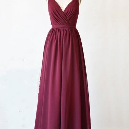 Burgundy Long Prom Dress With Lace Back, V Neck..