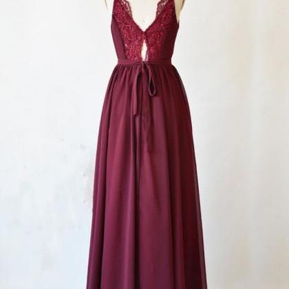 Burgundy Long Prom Dress With Lace Back, V Neck..