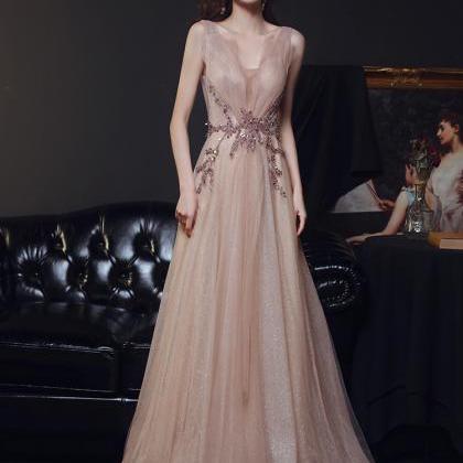 Pearl Pink Shiny Tulle Long Formal Dress Party..
