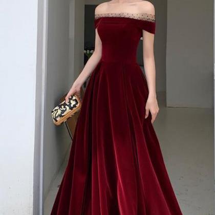 Wine Red Off Shoulder Velvet Long Formal Dress,..