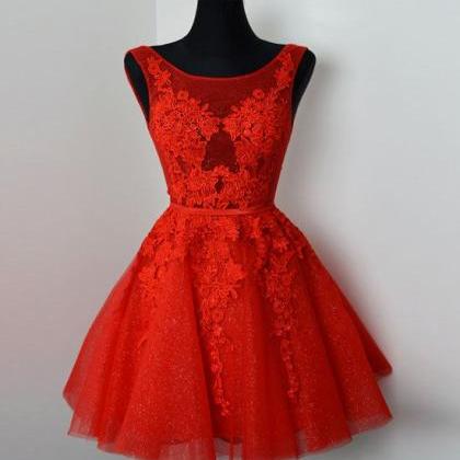 Red Tulle With Lace Round Neckline Low Back Party..