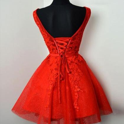 Red Tulle With Lace Round Neckline Low Back Party..