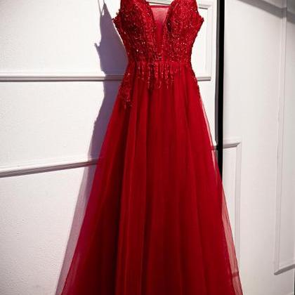 Beautiful Dark Red Lace Tulle Straps Long Prom..