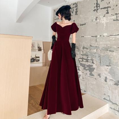 Lovely A-line Velvet Long Dark Red Formal Dress,..