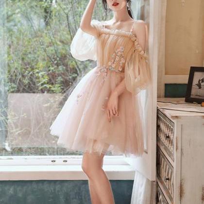 Cute Light Pink Tulle Scoop Short Prom Dress With..