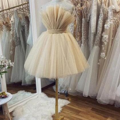 Cute Champagne Short Tulle Homecoming Dress, Short..