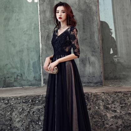 Black Lace Tulle Long Wedding Party Dress Formal..