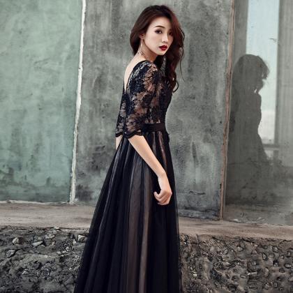 Black Lace Tulle Long Wedding Party Dress Formal..