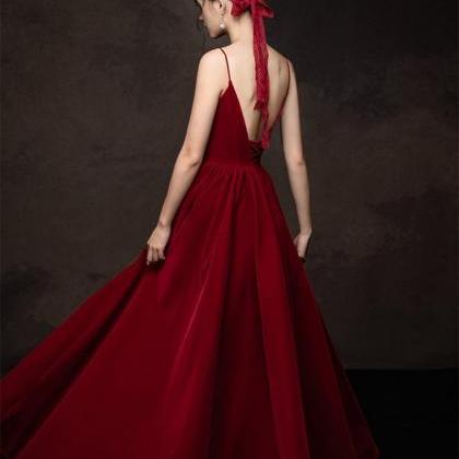 V-neckline Straps Velvet Long Low Back Prom Dress,..