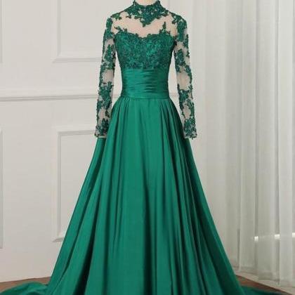 Green Satin Long Sleeves Floor Length Party Dress,..