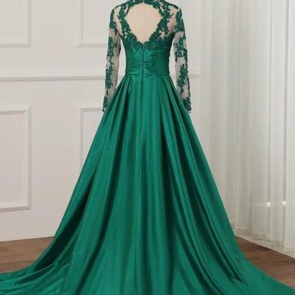 Green Satin Long Sleeves Floor Length Party Dress,..