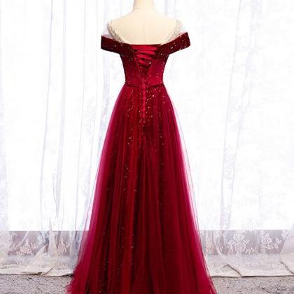 Beatufiul Wine Red Tulle With Velvet Long Party..
