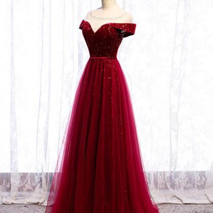 Beatufiul Wine Red Tulle With Velvet Long Party..