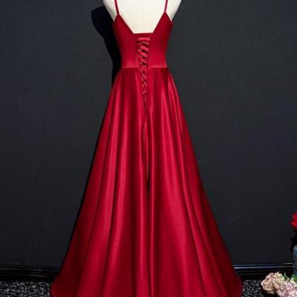 Simple Beaded Sweetheart Satin Wine Red Party..