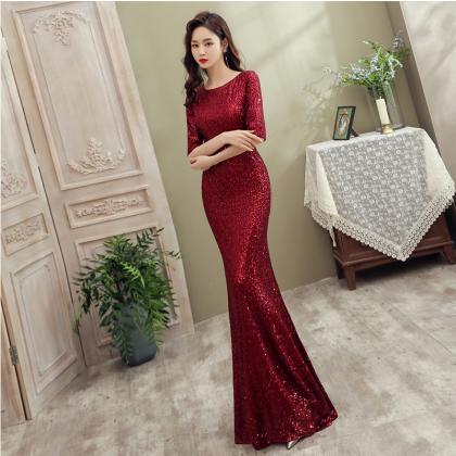 Wine Red Sequins Mermaid Long Evening Dress Party..