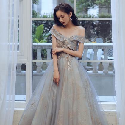 Elegant Off Shoudler Shiny Lace Long Party Dress..