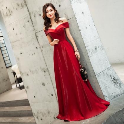 Red Off Shoulder A-line Shiny Satin Evening Dress..