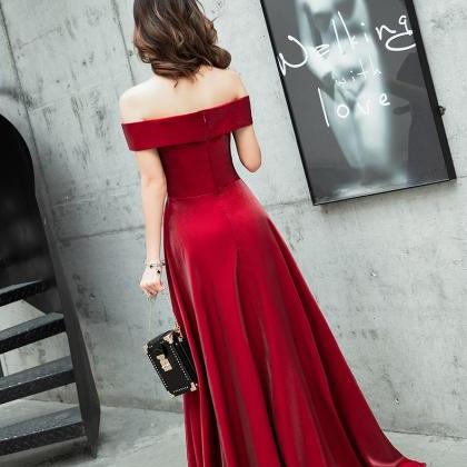 Red Off Shoulder A-line Shiny Satin Evening Dress..