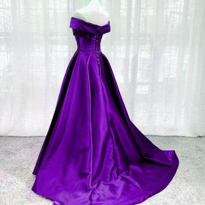 Purple Satin Off Shoulder Long Evening Dress Prom..