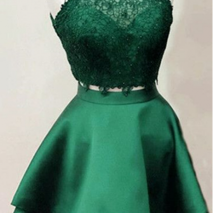 Green Satin And Lace High Neckline Two Piece Party..