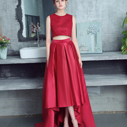 Two Piece Red Satin High Low Party Dress Formal..