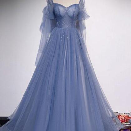 Blue Tulle A-line Beaded Long Party Dress, Blue..