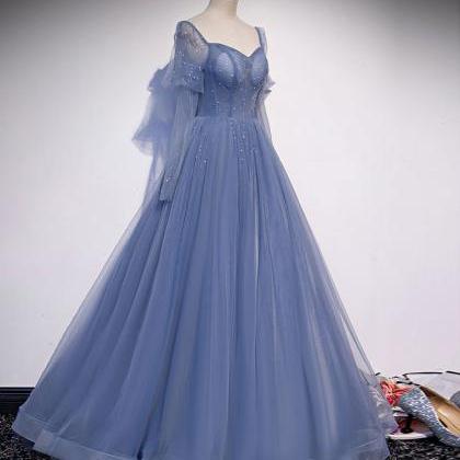 Blue Tulle A-line Beaded Long Party Dress, Blue..