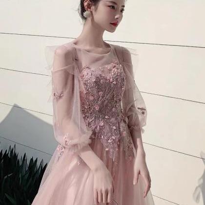 Pink Tulle Long Sleeves Round Neckline Party..