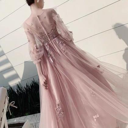 Pink Tulle Long Sleeves Round Neckline Party..