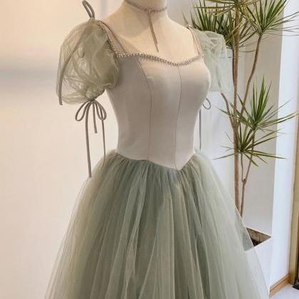 Light Green Tulle Shor Sleeves Party Dress Prom..