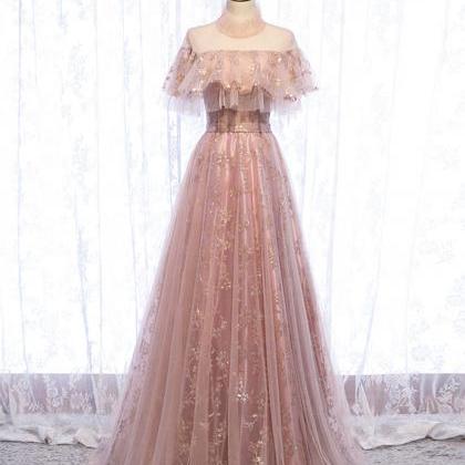 Pink High Neckline Tulle With Lace Long Party..