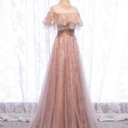 Pink High Neckline Tulle With Lace Long Party..