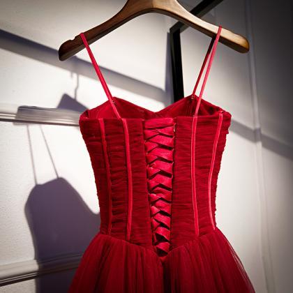 Wine Red Spaghetti Straps Tulle Pleated Ruched..