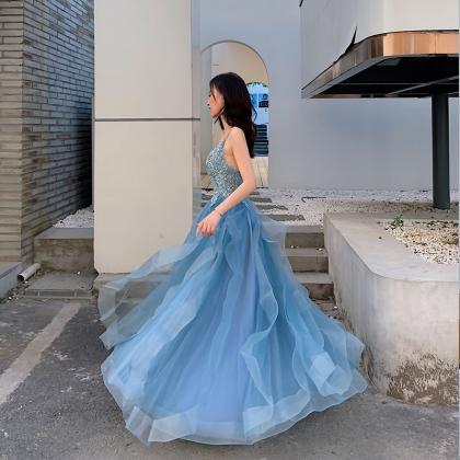 Charming Blue Tulle With Lace Straps Long Formal..
