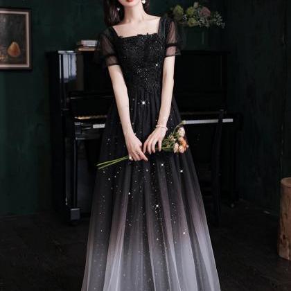 Black Short Sleeves Tulle With Lace Gradient Long..