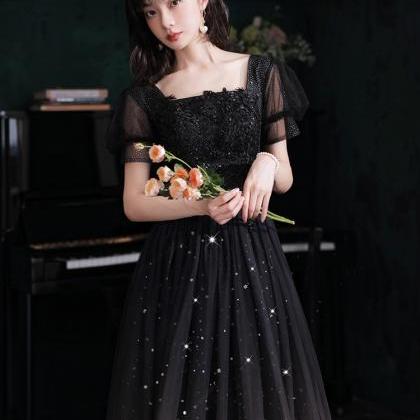 Black Short Sleeves Tulle With Lace Gradient Long..