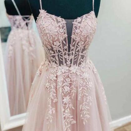A Line V Neck Pink Tulle Lace Long Prom Dresses,..