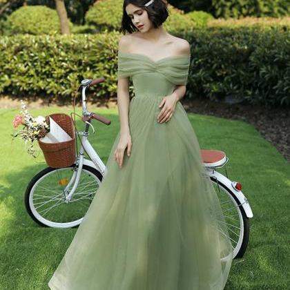 Green Off Shoulder Tulle Long Party Dress 2022,..
