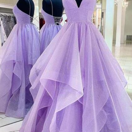 Purple Tulle Long Straps Formal Dresses, Light..