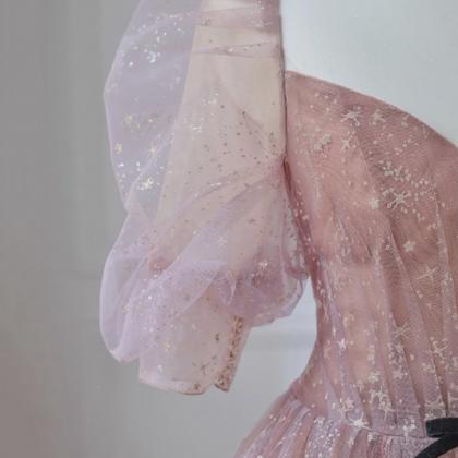 Pink Tulle Puffy Sleeves Long Princess Party..
