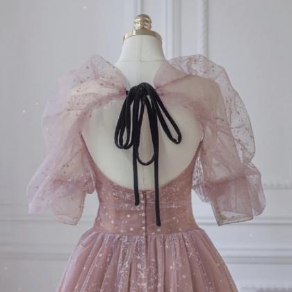 Pink Tulle Puffy Sleeves Long Princess Party..