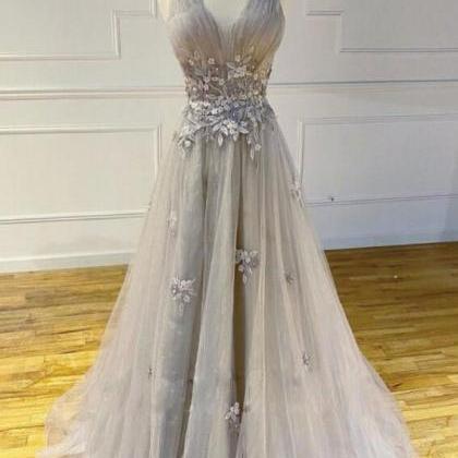 Beautiful Grey Tulle With Lace Long Evening Dress..