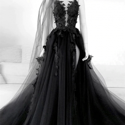 Black Floral Long Prom Dresses, Long Black Floral..