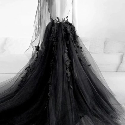 Black Floral Long Prom Dresses, Long Black Floral..