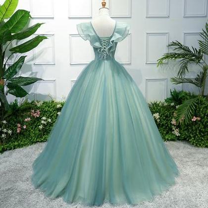 Light Green Tulle With Lace Flowers Long Party..
