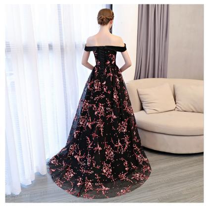 Black Off Shoulder Floral Lace Long Party Dresses,..