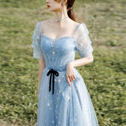 Beautiful Blue Short Sleeves A-line Beaded Tulle..