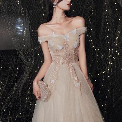 Champagne Tulle Off Shoulder Party Dress With Lace..
